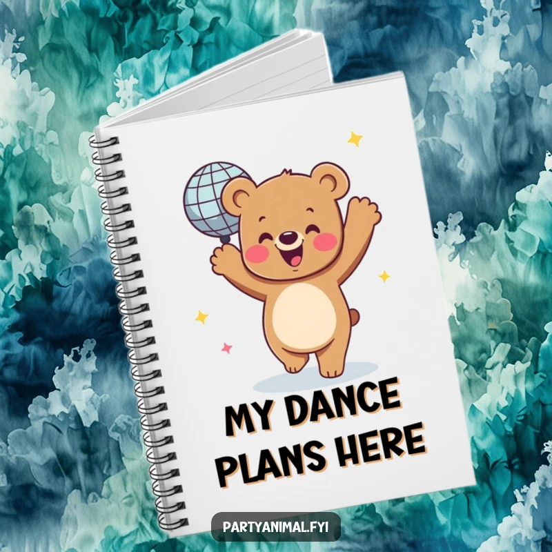 Funny notebook featuring a joyful bear character dancing with a spinning disco ball, inspiring creative thoughts and rhythmic note-taking.