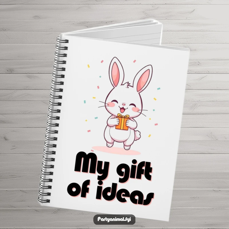 Funny Notebook featuring a bouncing bunny with confetti, holding a tiny gift, ideal for jotting ideas.