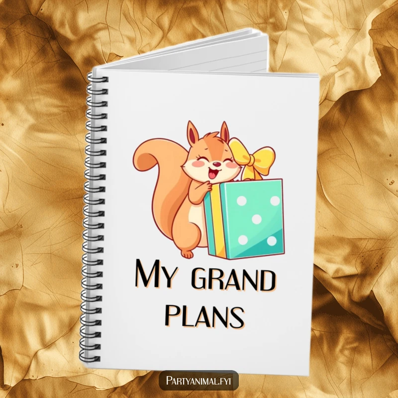 Funny notebook featuring an energetic squirrel character excitedly unwrapping a giant, brightly colored gift box, perfect for jotting down ideas.