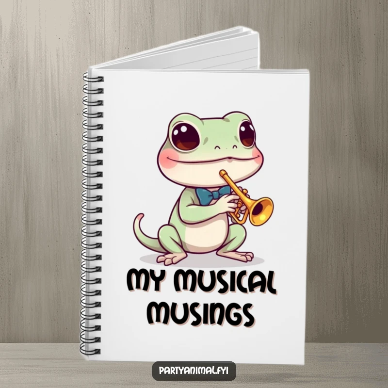 Funny notebook featuring a dapper gecko wearing a tiny bow tie, playing a miniature trumpet, inspiring musical creativity.