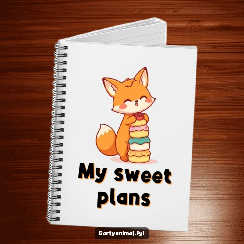 Funny notebook with a cute orange fox character balancing a stack of miniature cakes on its head, inspiring creativity and organization.