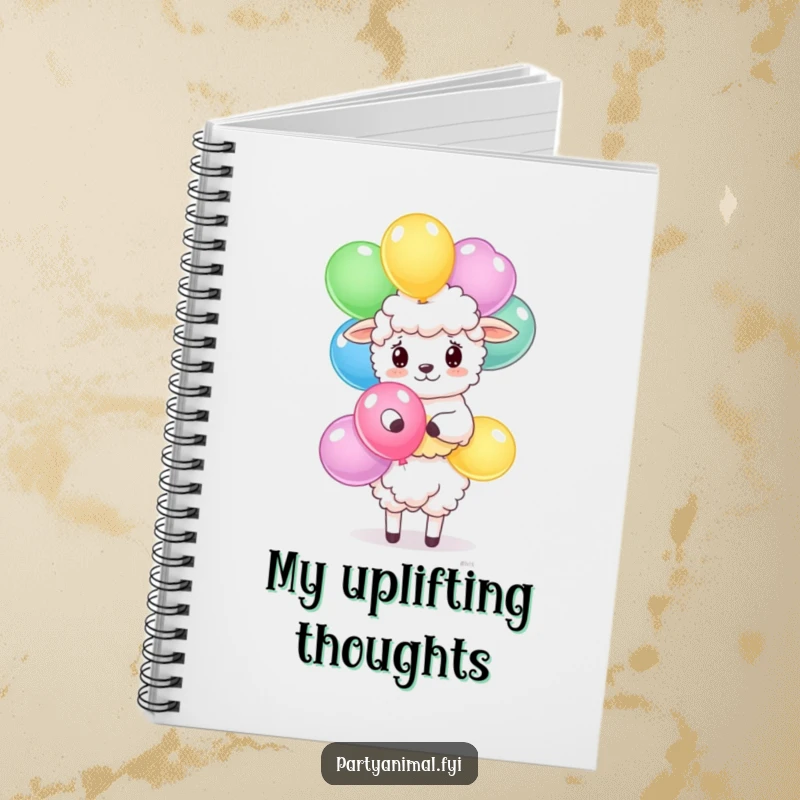 Funny sheep notebook featuring a fluffy character balancing a stack of colorful balloons, perfect for journaling.