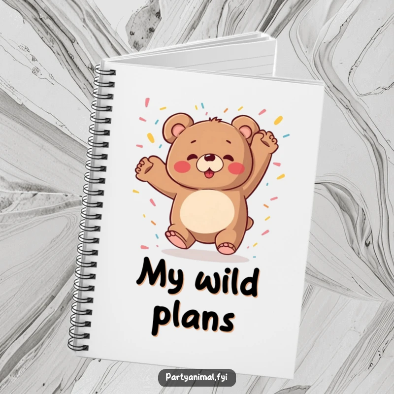 A chubby bear dancing wildly with confetti falling, on the cover of a notebook, perfect for party plans.