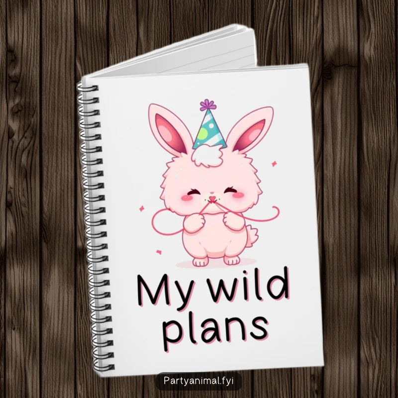 Funny fluffy pink bunny wearing a party hat, blowing a streamer, perfect for jotting down celebration plans.