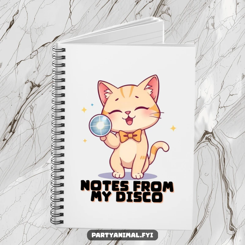 Funny Cat Bow Tie Disco Ball Notebook: A playful cat in a bow tie bats at a shiny disco ball, ideal for jotting down stylish notes.