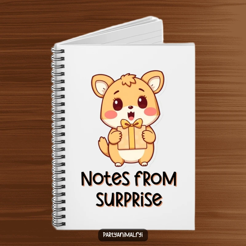 Funny notebook cover showing an animal character looking pleasantly surprised by a gift, inspiring creativity.