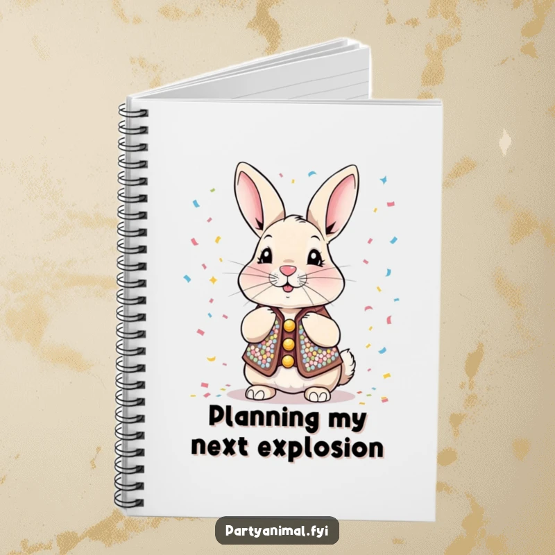 Funny Notebook with a sequined rabbit blowing confetti, ideal for jotting down notes, ideas, or plans with a humorous and festive touch.