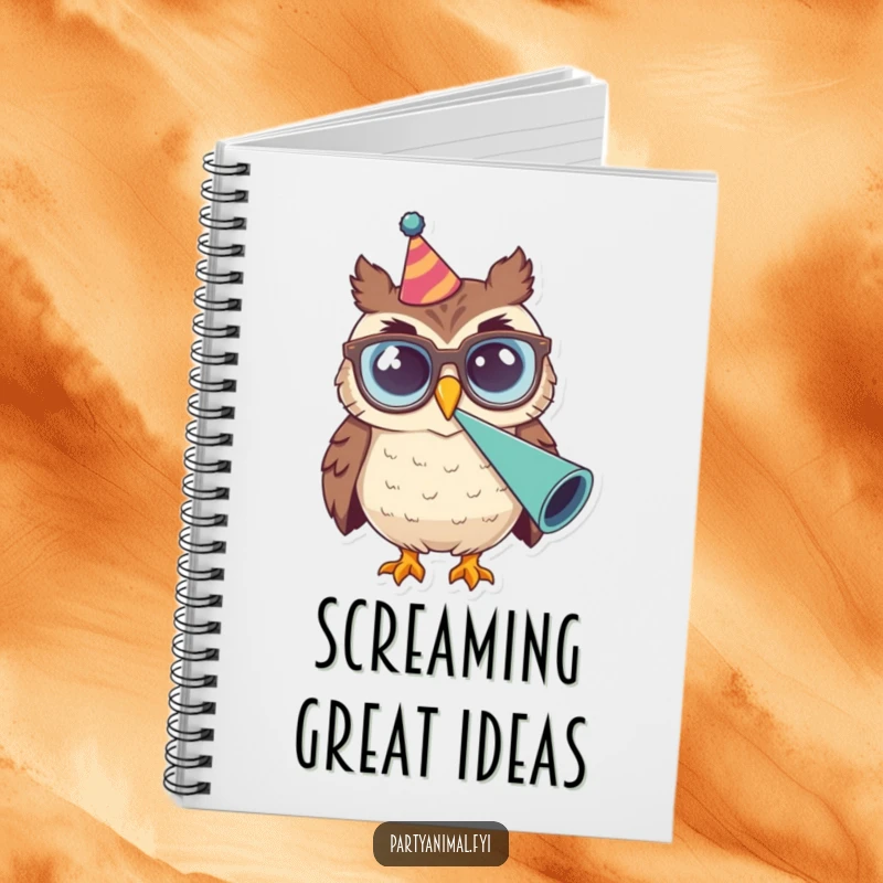 Funny Owl Glasses Party Horn Notebook: An owl with oversized glasses blows a party horn, ideal for jotting down notes and bright ideas.