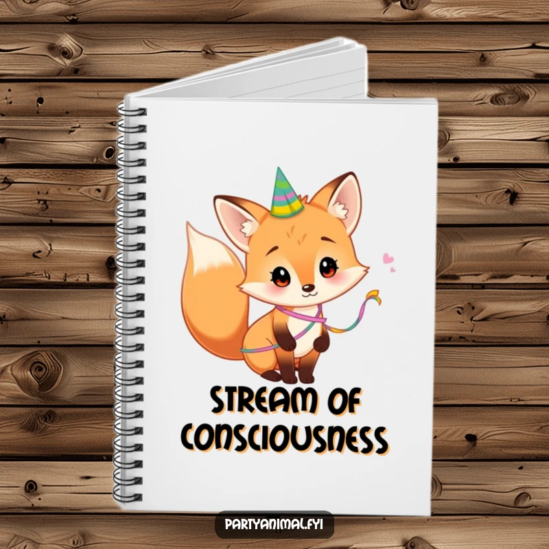 Funny Notebook with a curious fox having a party streamer wrapped around its tail, perfect for jotting down notes, ideas, or creative thoughts.