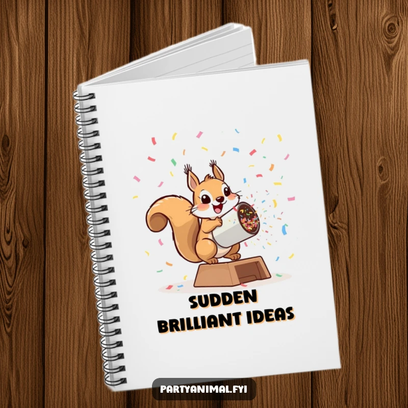 Funny playful squirrel launching from a giant confetti cannon on a notebook, perfect for jotting down notes with explosive humor, a funny gift.