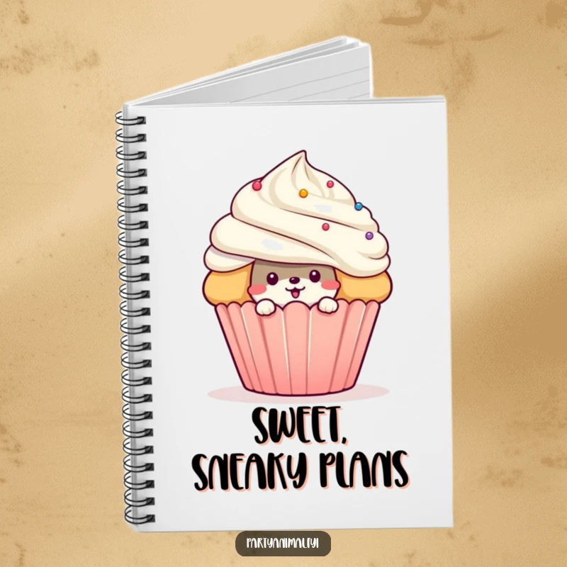 Funny mischievous animal character peeking from behind a giant cupcake on a notebook cover, inspiring sweet notes and playful ideas.