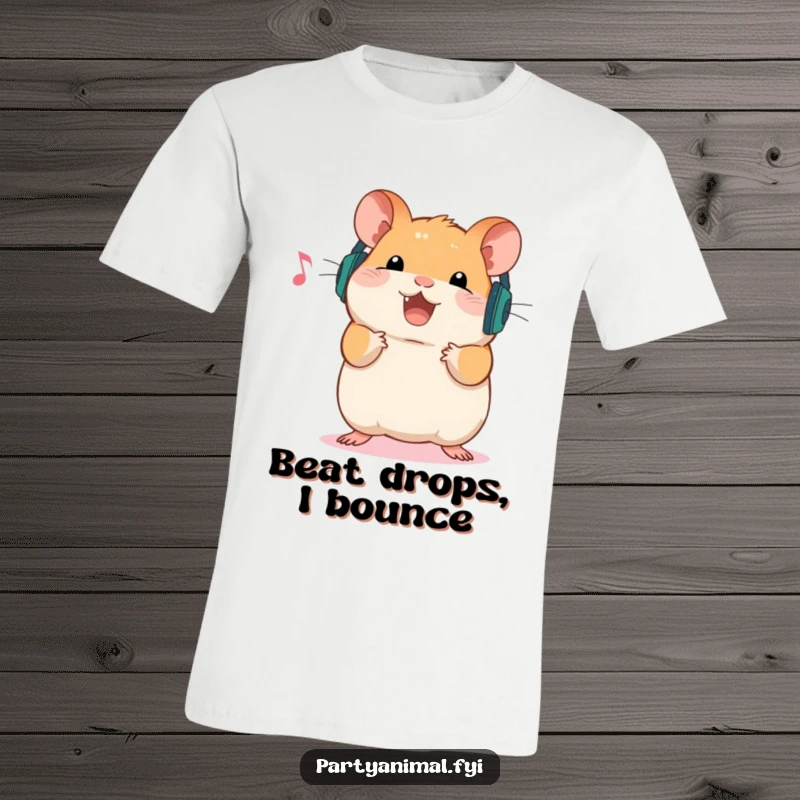 Funny T-Shirt of a cheerful hamster sporting miniature headphones, energetically bouncing to unseen music, embodying fun and a passion for beats.