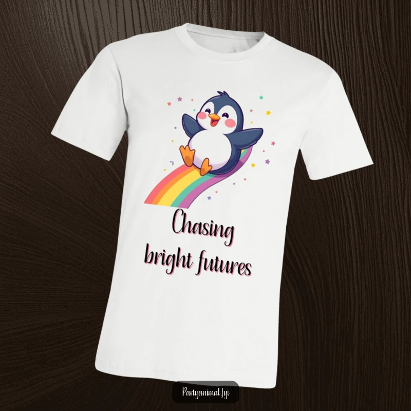 Funny gleeful penguin sliding down a rainbow with a confetti trail on a t-shirt, celebrating joy and playful movement, a perfect funny gift.