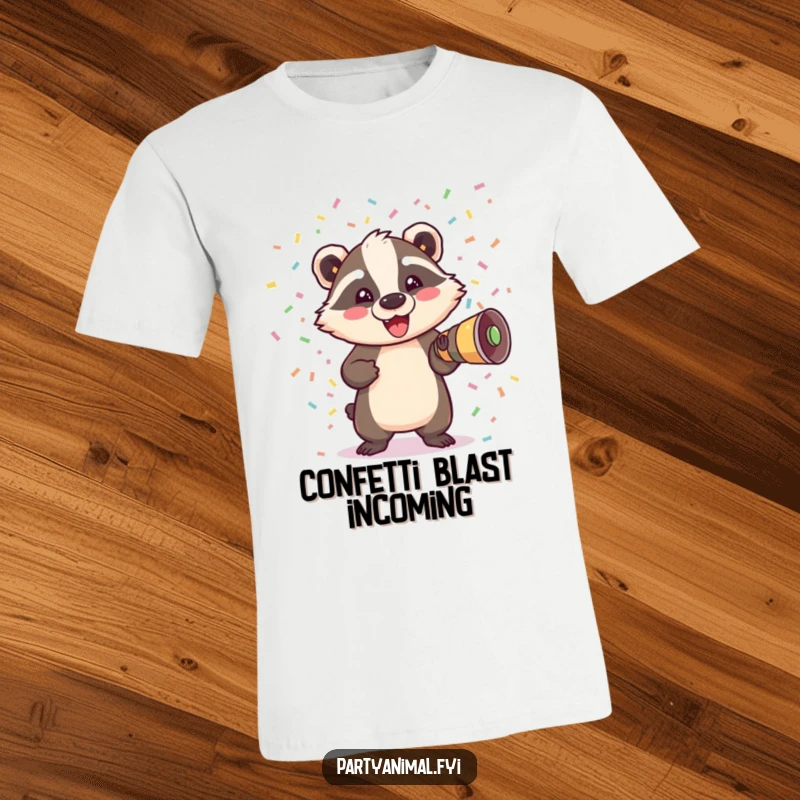 Funny Badger T-Shirt: A happy badger bursts theatrically out of a confetti cannon, scattering colorful streamers and creating a celebratory spectacle.