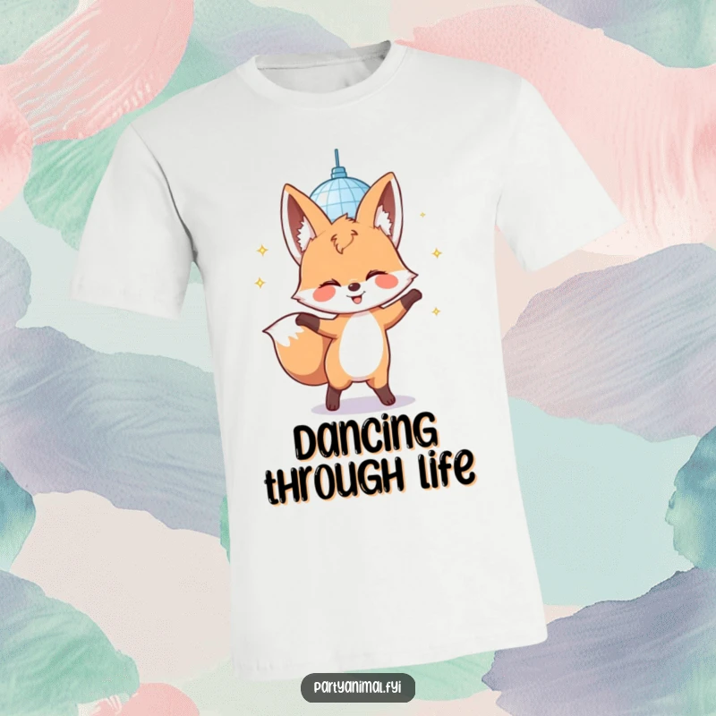 Funny t-shirt featuring a giggling fox character enthusiastically dancing under a shimmering disco mirror ball, capturing pure joy.
