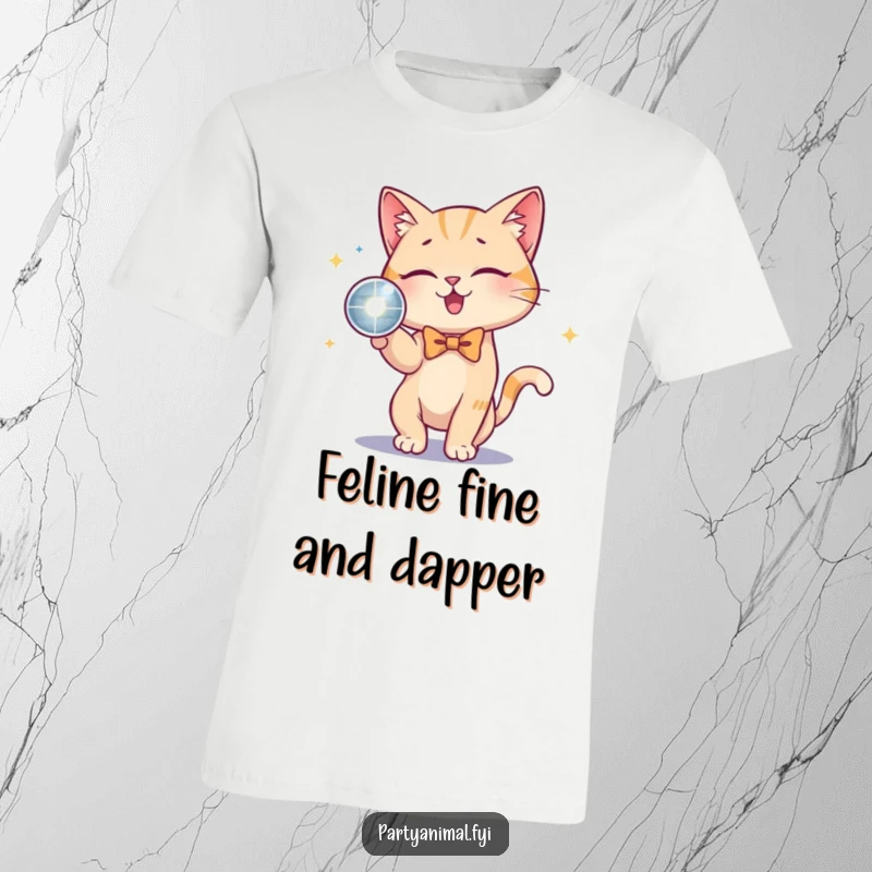 Funny Cat Bow Tie Disco Ball T-Shirt: A stylish cat wearing a bow tie energetically plays with a shiny disco ball, embodying playful nightlife.