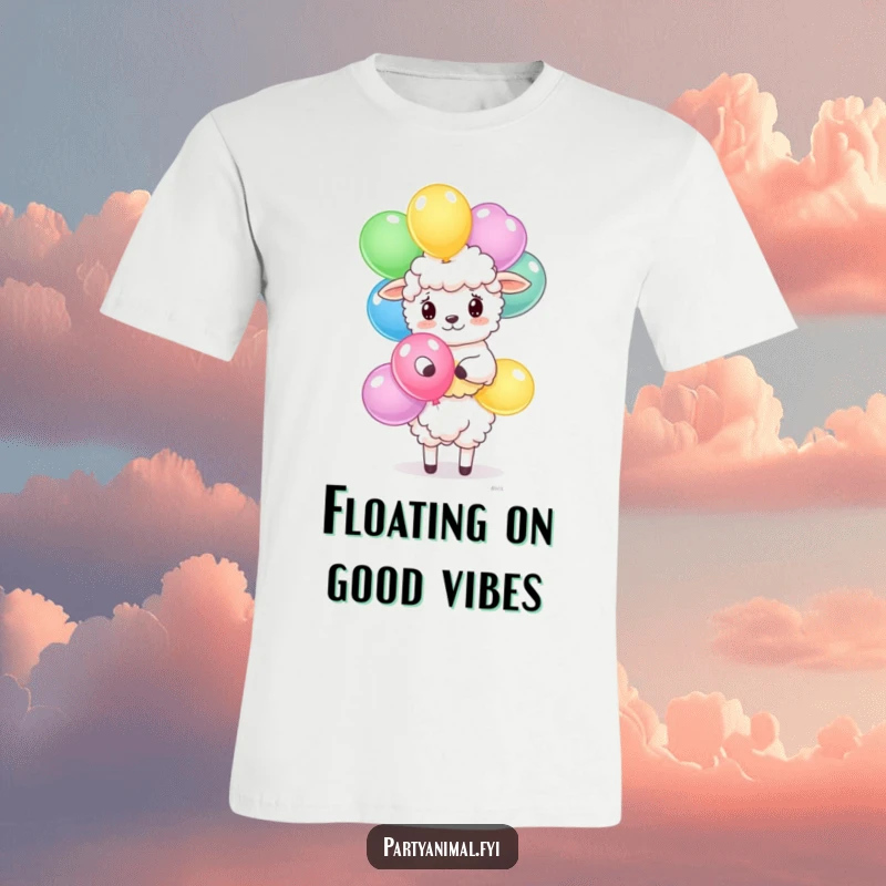 Funny sheep t-shirt featuring a fluffy sheep character skillfully balancing a stack of brightly colored balloons, full of cheer.