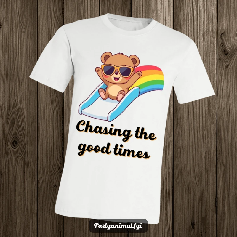 Funny t-shirt showcasing a bear wearing cool oversized sunglasses, having a blast sliding down a bright rainbow with a huge grin.