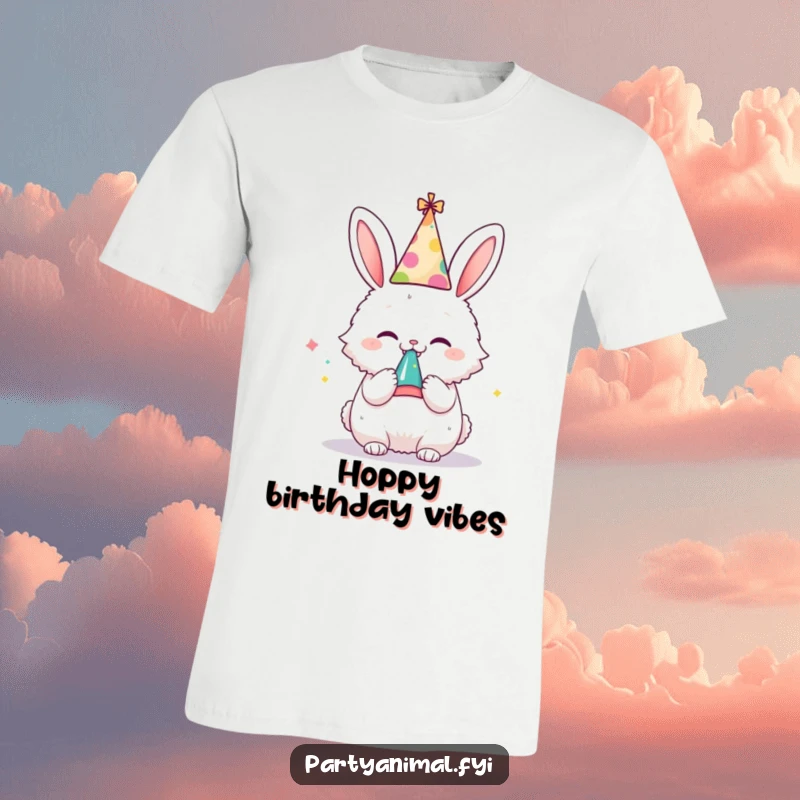 Funny t-shirt featuring a fluffy bunny wearing a party hat and gleefully blowing a noisemaker, embodying a spirit of fun.