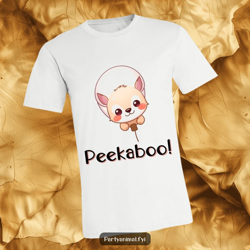 Funny t-shirt design of a curious animal character peeking out from behind a bright, whimsical balloon.