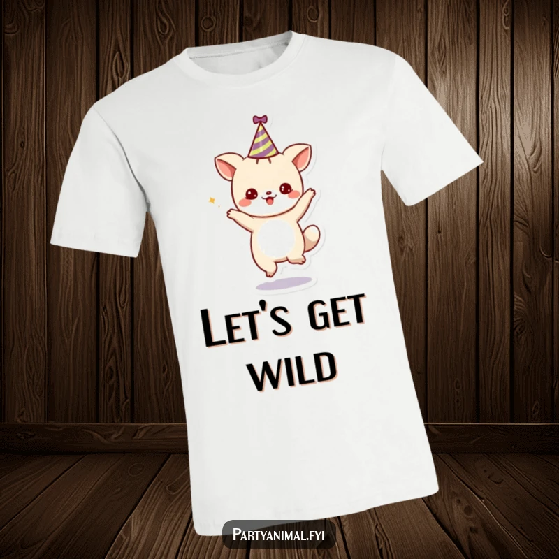 Funny T-Shirt: A cute animal character enthusiastically dancing in a party hat, perfect for spreading joy and festive vibes.