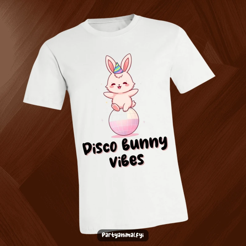 Funny t-shirt of a fluffy pink bunny wearing a party hat, joyfully bouncing energetically on a shiny disco ball.