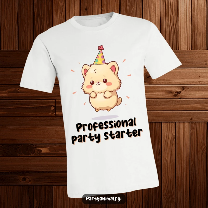Funny T-Shirt: A tiny, fluffy animal character in a party hat spins energetically, showcasing a joyful and wild celebration.