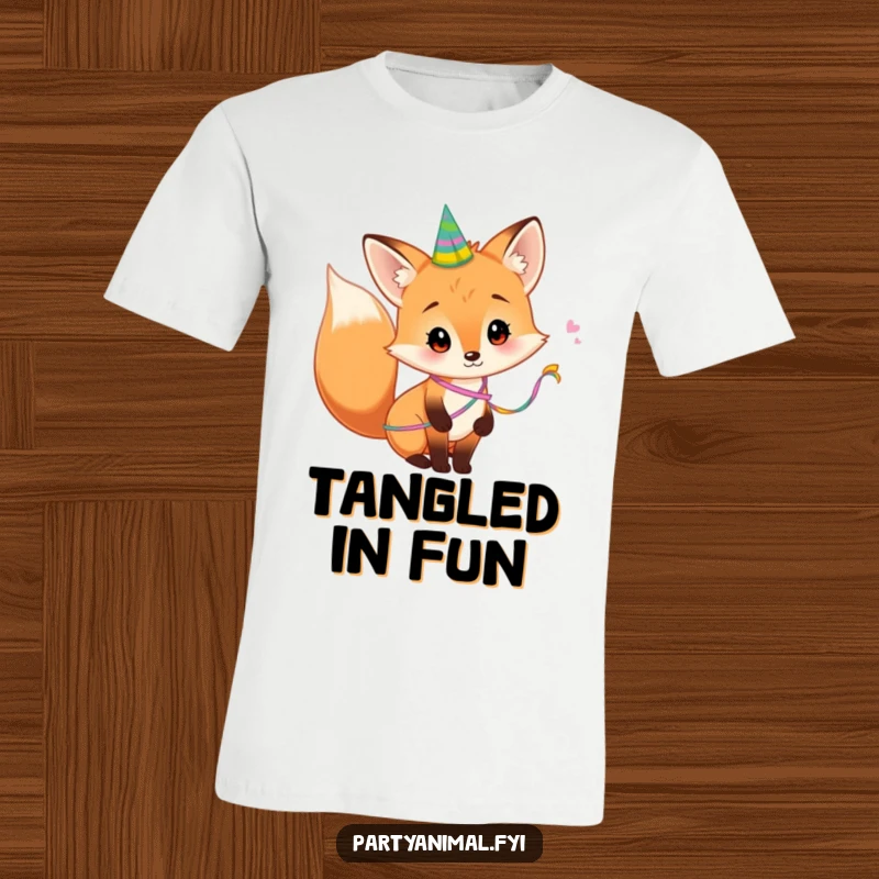 Funny T-Shirt showcasing a curious fox whose tail is playfully adorned with a colorful party streamer, suggesting a fun, unexpected event.