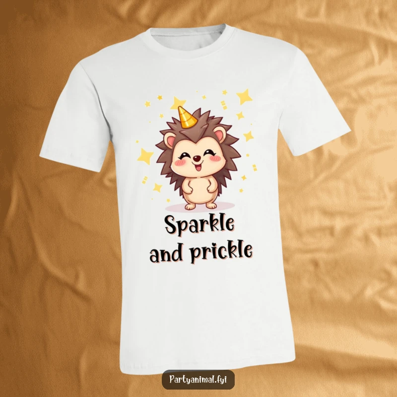 Funny T-shirt depicting a joyful hedgehog character immersed in a shower of shimmering party stars, embodying pure, infectious delight.