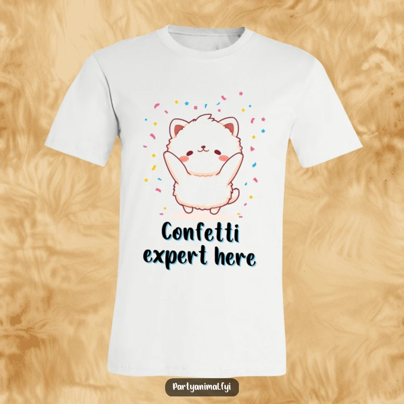 Funny fluffy animal character gleefully tossing confetti on a t-shirt, symbolizing pure joy and festive celebration.