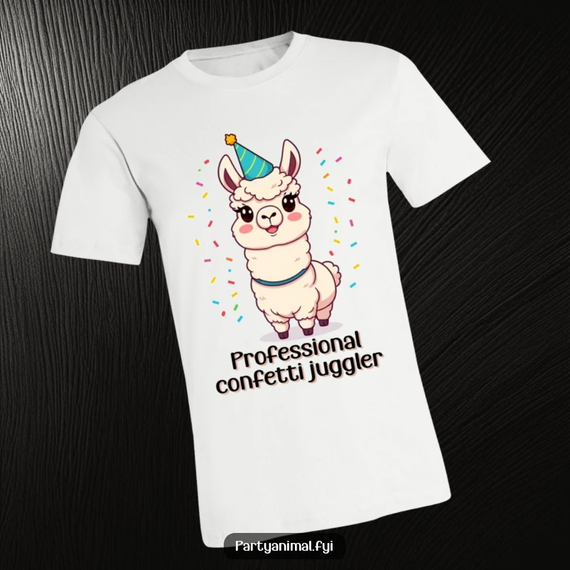 Funny llama t-shirt featuring a cheerful llama in a party hat, joyfully juggling colorful confetti, ready to celebrate.