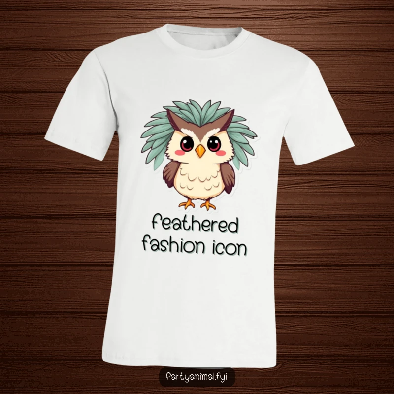 Funny T-shirt showcasing a silly owl character elegantly wearing a fluffy feathered boa, confidently striking a fabulous pose with flair.