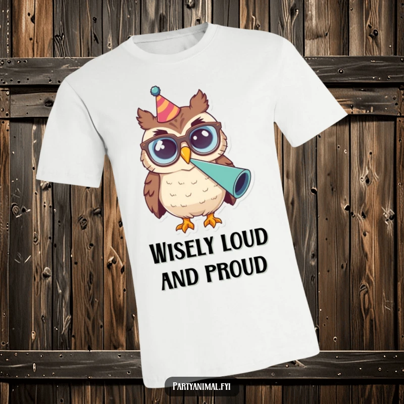 Funny Owl Glasses Party Horn T-Shirt: An owl sporting oversized spectacles loudly blasts a party horn, embodying studious celebration and joyful noise.