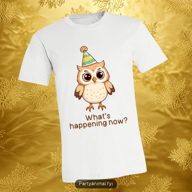 Funny Owl T-Shirt: An owl sporting a funny party hat gazes curiously, embodying a blend of wisdom and playful party spirit.