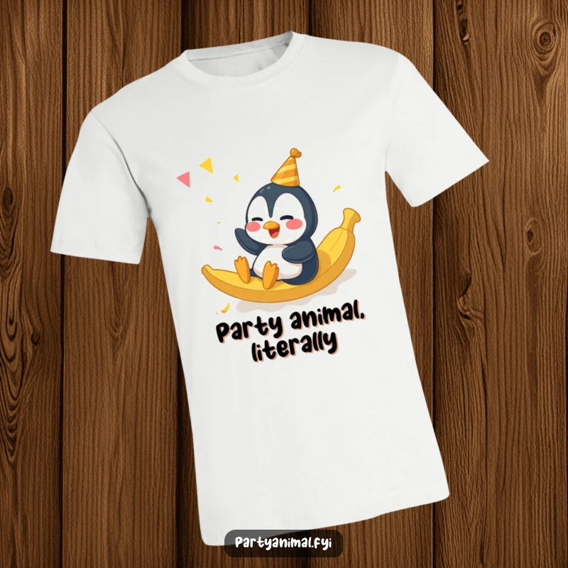 Funny giggling penguin character sliding unexpectedly on a banana peel at a party on this humorous t-shirt.