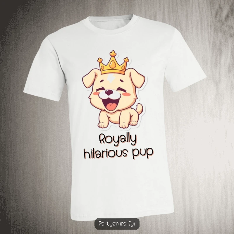 Funny T-shirt of a regal puppy wearing a crown, roaring with infectious laughter, embodying playful royalty and boundless happiness.