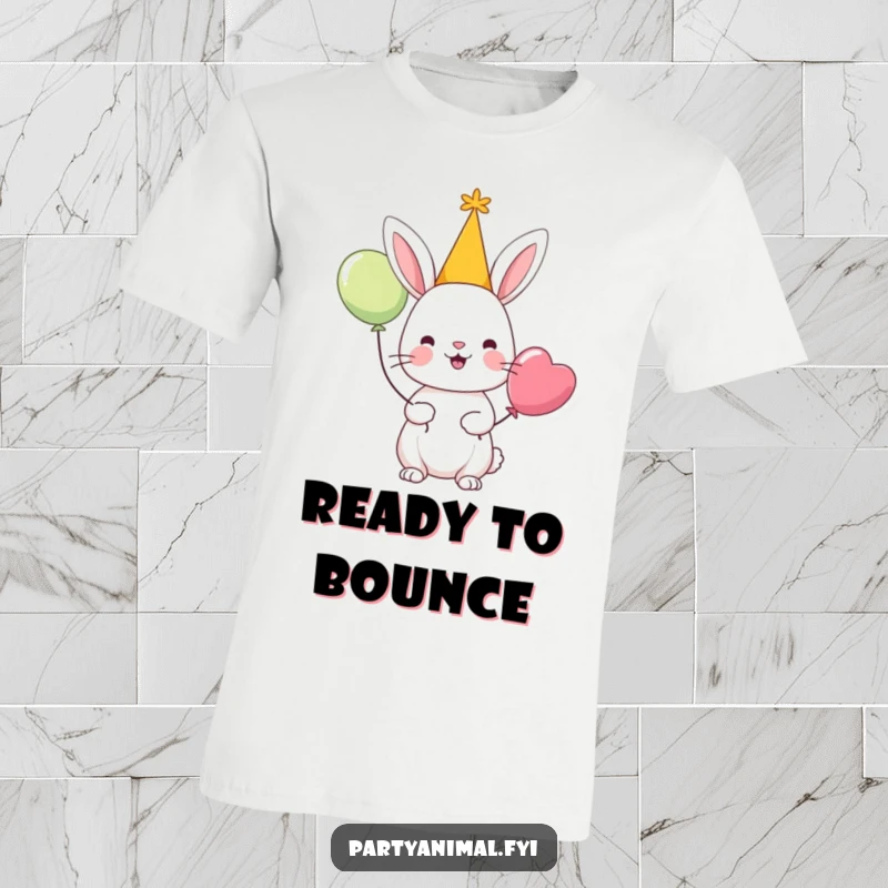 Funny t-shirt depicting a cheerful rabbit character in a party hat, holding a balloon, ready for fun and festivities.