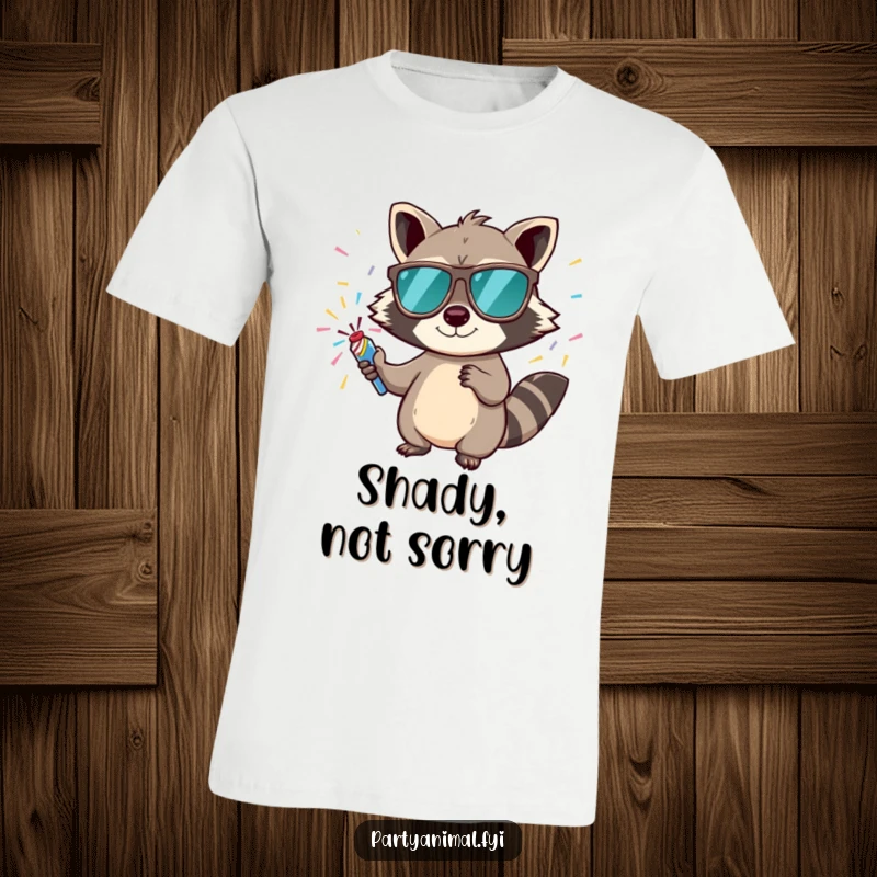 Funny t-shirt showcasing a mischievous raccoon in sunglasses holding a confetti popper, ready to start the celebration.