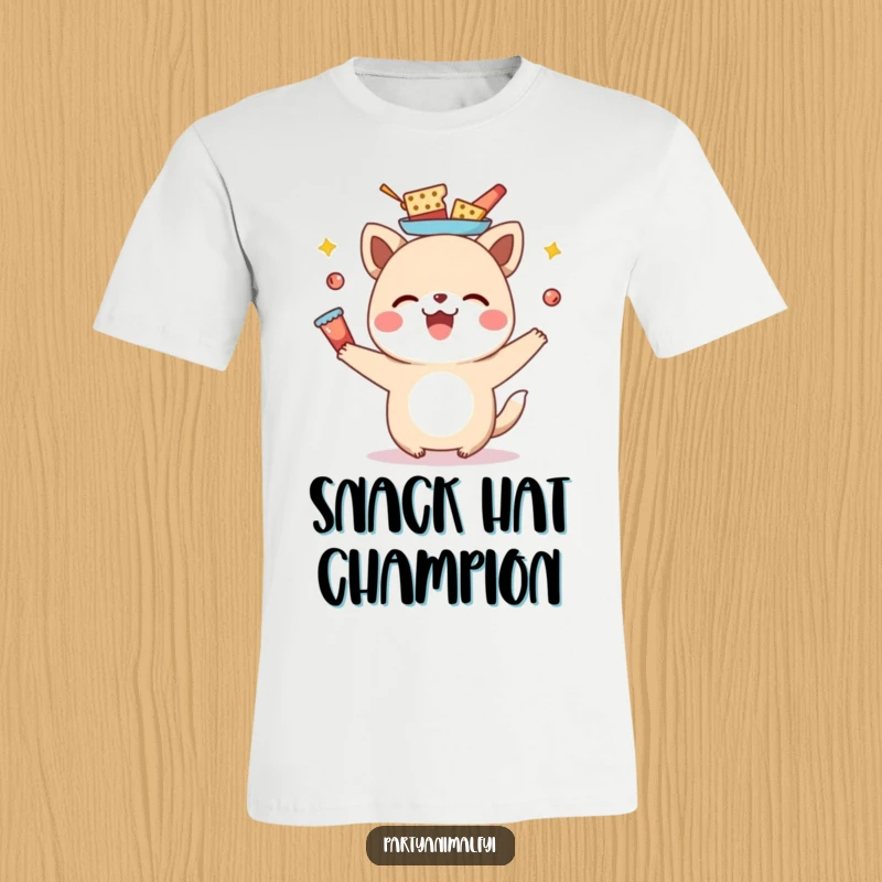 Funny animal character joyfully balancing a tower of delicious snacks on its head, showcasing culinary comedy on a shirt.