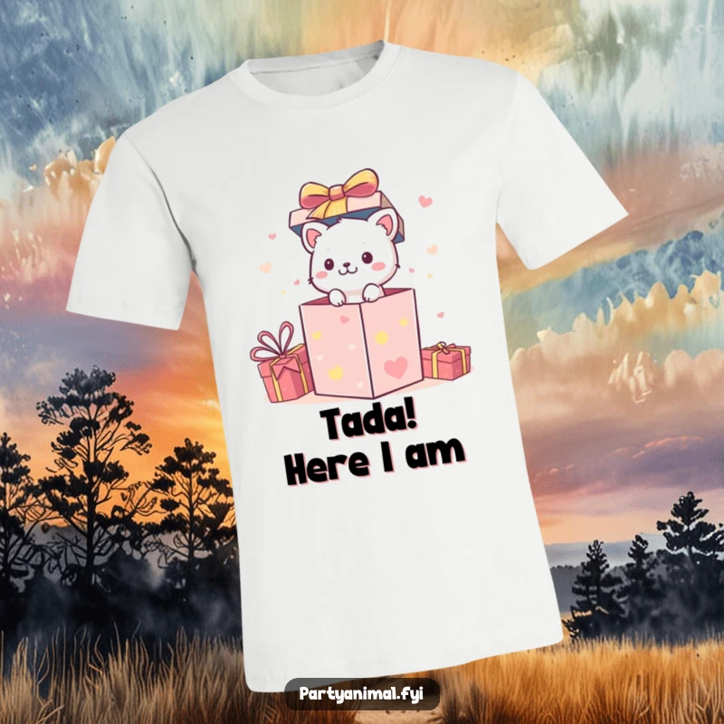 Funny T-Shirt: A small animal character emerges with energy from a festive gift box, symbolizing joyful surprise.