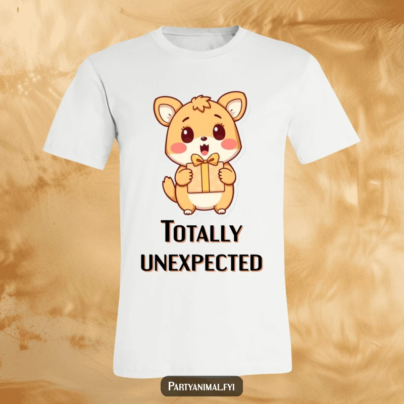 Funny t-shirt depicting an animal character with a comical expression of surprise and joy upon opening a present.
