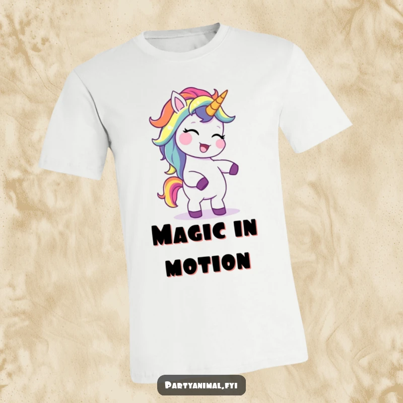 Funny t-shirt with a giggling unicorn, rainbow mane, performing a silly dance, capturing pure joy and amusement, an ideal silly gift.