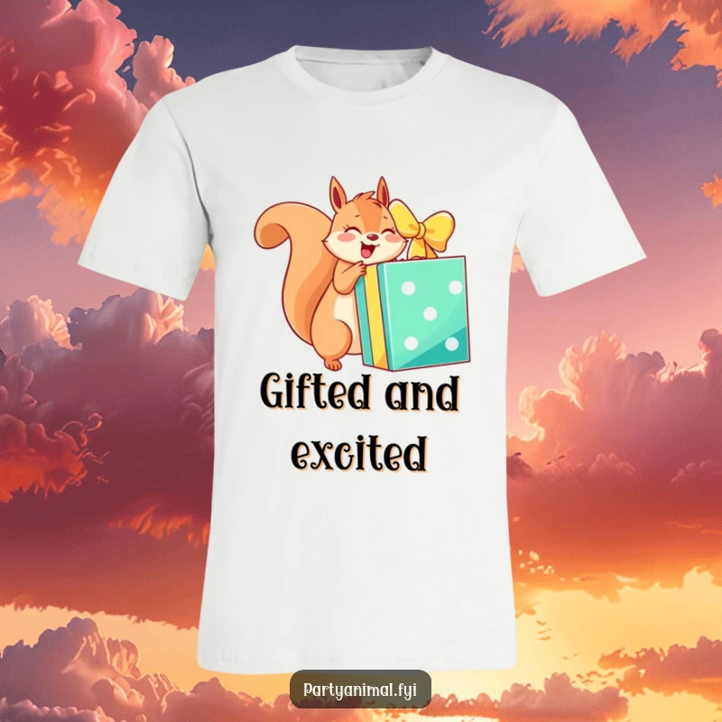 Funny t-shirt featuring an energetic squirrel character with wide eyes, excitedly unwrapping a huge, vibrantly colored gift box.