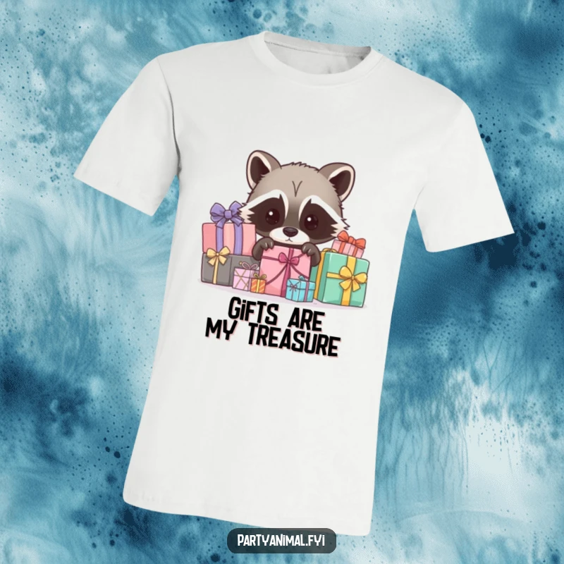 Funny t-shirt with a curious raccoon character peeking out from behind wrapped gifts, looking sly and playful, an ideal silly gift.