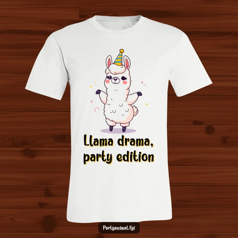 Funny t-shirt showcasing a winking llama character energetically dancing while holding a large, sparkling party horn, exuding pure joy.