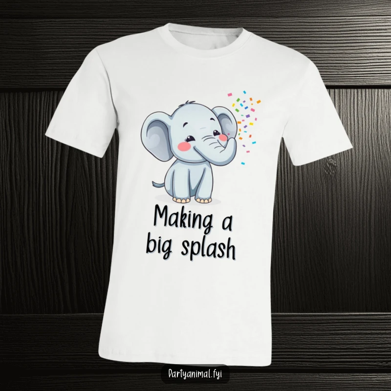 Funny t-shirt showcasing a happy elephant character expertly blowing a stream of colorful confetti from its trunk, ready to celebrate.