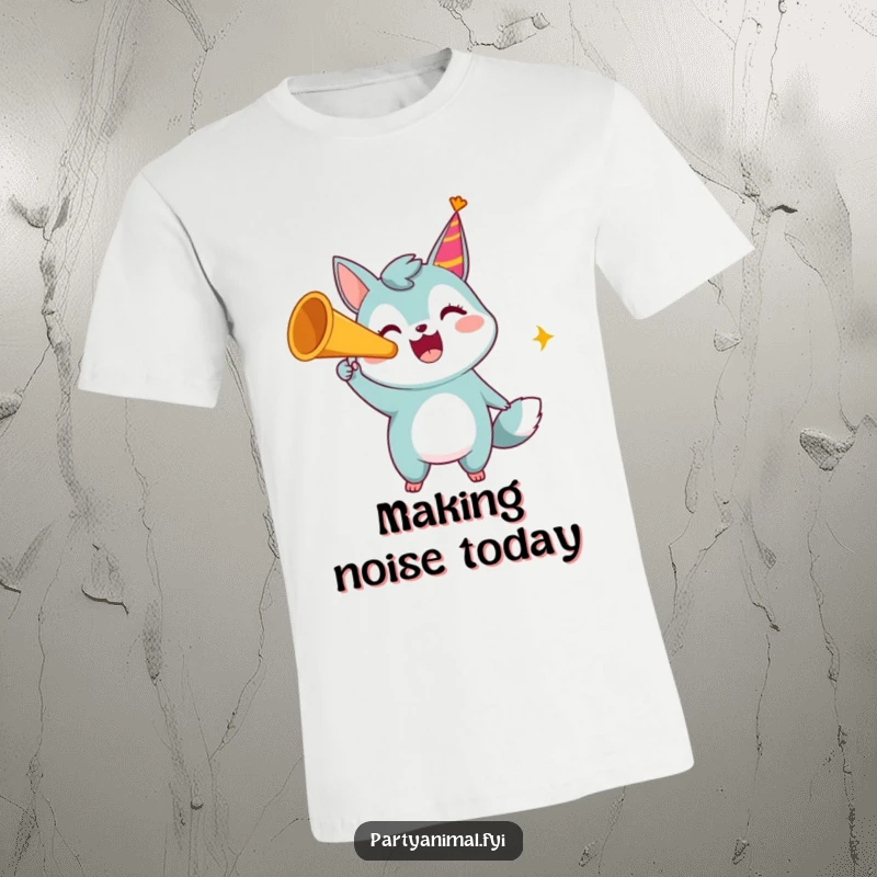 Funny t-shirt with a gleeful animal character loudly blowing a party horn, radiating pure festive energy.