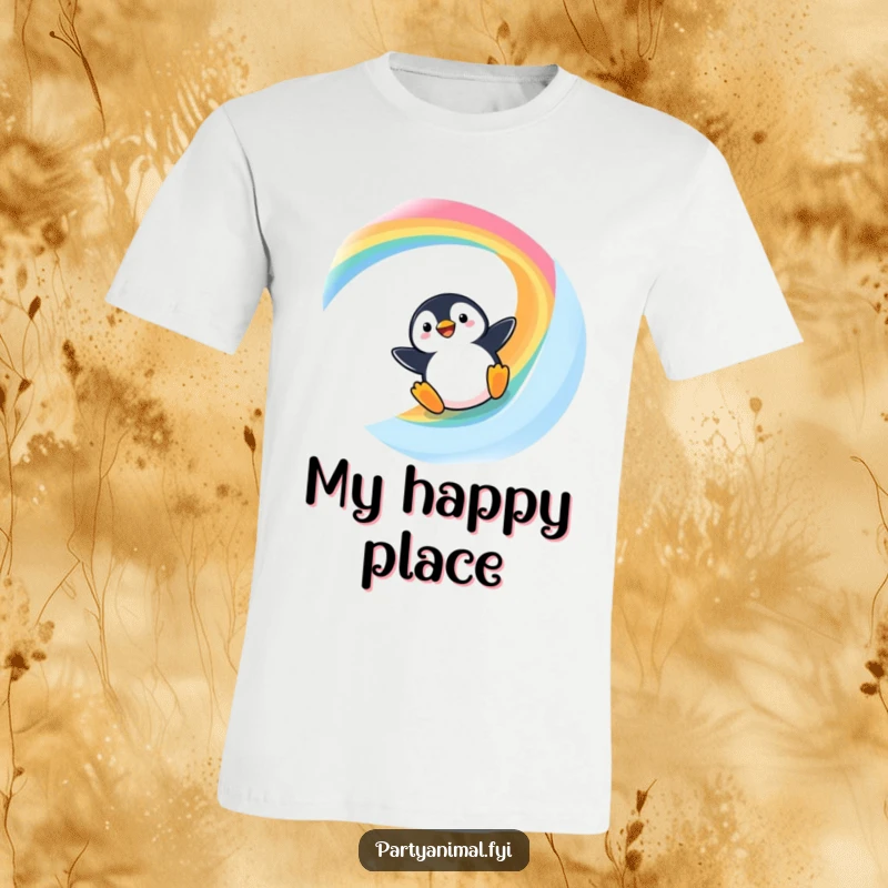 Funny Kawaii Penguin T-Shirt: Adorable penguin gleefully sliding down a bright rainbow, embodying pure joy and fun.
