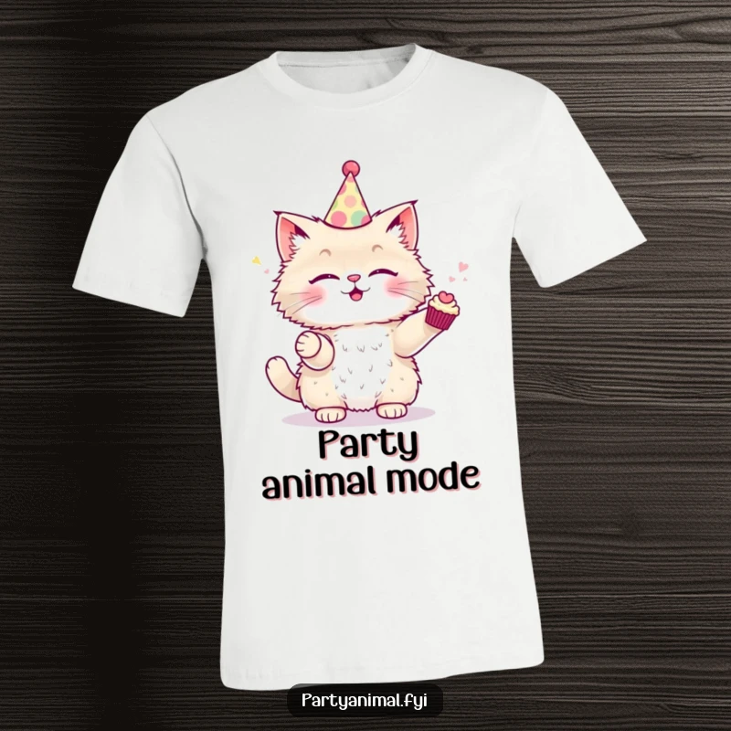 Funny T-Shirt of a fluffy cat wearing a party hat, enthusiastically juggling tiny cupcakes.