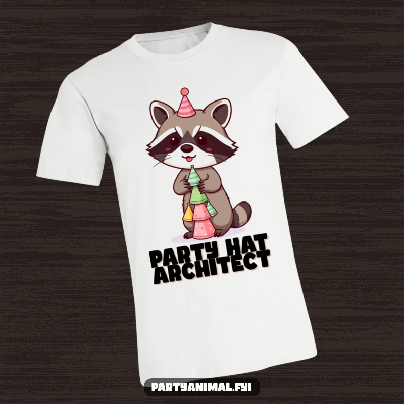 Funny T-Shirt of a cunning raccoon attempting to balance a tall stack of miniature party hats, embodying playful mischief and festive spirit.